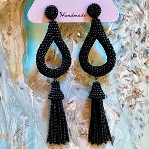 NWT Anthropologie Deepa Beaded Black Hoop Chandeliers